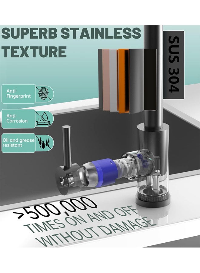 صنبور رشاش المطبخ، صنبور المطبخ ذو مقبض واحد بمقبض واحد مع وضعين للمياه ودوران 360 درجة للمياه الساخنة والباردة، من الفولاذ المقاوم للصدأ، صنبور من الفولاذ المقاوم للصدأ ذو قوس عالٍ، بخاخ سيليكون سهل التنظيف (أسود غير لامع)